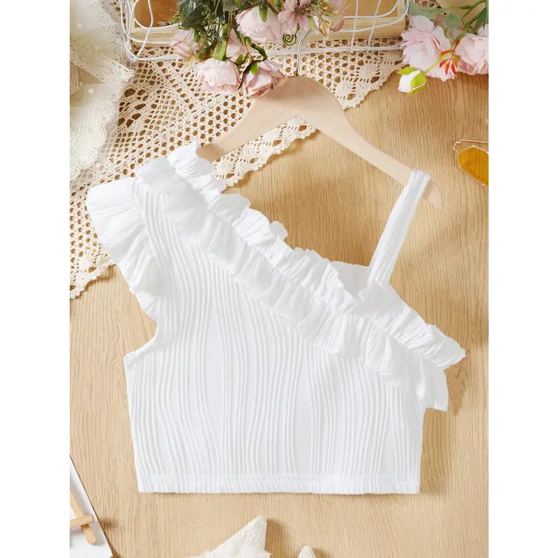 Tween Girls Elegant Asymmetrical Neck Frill Trim T-Shirt 0