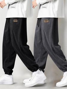 Men's Letter Patched Corduroy Pants, Casual Comfy Trousers for Fall & Winter, Men's Bottoms for Daily Wear