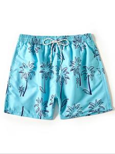 Men's Regular Fit Palm Tree Print Swim Shorts, Casual Comfy Breathable Drawstring Waist Swim Shorts for Summer, Men's Swimwear for Beach Vacation