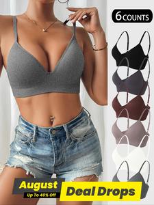 Women's Solid Wireless Seamless Bralette, Adjustable Strap Push Up Bra, Casual Soft Comfortable Minimalist Breathable Lingerie for Daily Wear, Womenswear, Underwear Sets, Casual Comfy Seamless Vneck Bra, Supportive Wireless Bra, Solid Color Seamless