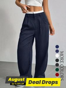 Women's All Over Striped Print Pocket Wide Leg Pants, Casual Comfy Trousers for Spring & Fall, Fit Women's Bottoms for Daily Wear