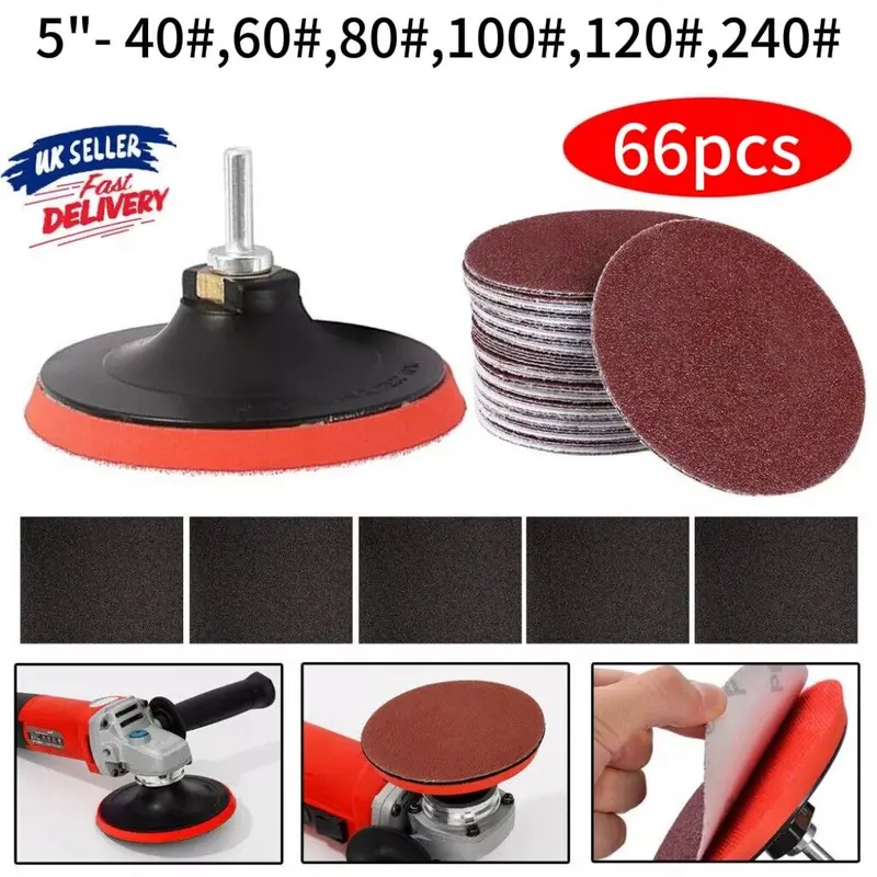 66-piece sanding disc set with hook and loop 125mm attachment, drill grinder backing pad Strong toughness, not easy to break, strong back adsorption Reverse adsorption, easy installation, removable, durable Excellent polishing effect 3