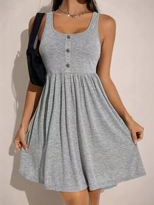 Plus Size Fake Buttons Scoop Neck Tank Sun Dress, Stretchy Lady Dresses Summer, Summer Dresses for Women, Casual Sleeveless A Line Ladies Dresses for Summer, Dresses for Women, Womenswear