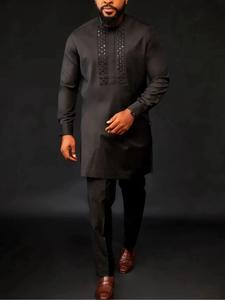 Men's African Kaftan Set, Long Sleeve Round Neck Blouse & Pants, Elegant Muslim Wedding Party, 2 Piece Suit for Men