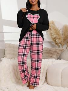 【Plus Size】 Two-piece Set Long Sleeve Heart Print Tee & Plaid Print Bow Decor Pants Pyjama, Casual Comfy Round Neck Top & Trousers Pj Set, Women's Sleepwear for Spring & Fall