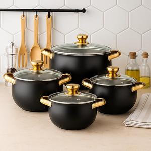 Stainless Steel Curved Pot Set with Gold Handle Design, Non-Stick Cookware with Glass Lid Suitable for All Stoves, Versatile Cooking Experience