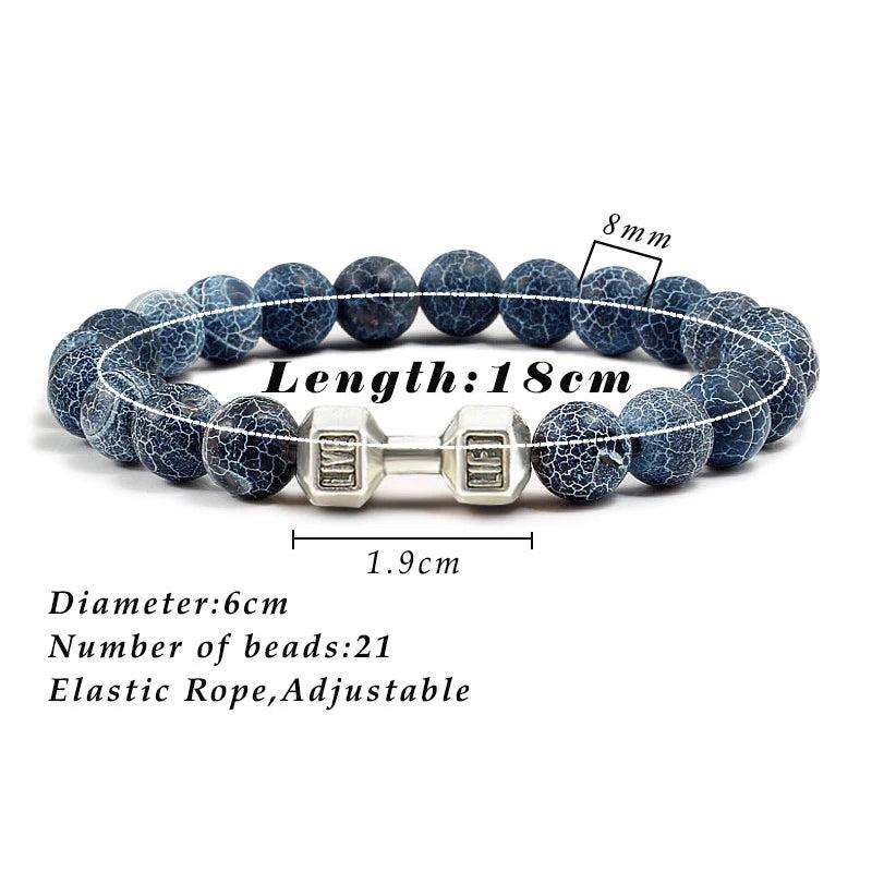 Natural Volcanic Stone Bracelet Men Matte Black Lave White Beads Charm Dumbbell Strand Bracelets Women Barbell Fitness Jewelry 6
