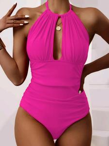 Women's Solid Cut Out Ruched Backless One-piece Swimsuit, Casual Halter Neck Tie Back Swimwear for Summer, Fashion Women's Swimsuit for Beach Holiday Vacation, High Stretch Swimwear