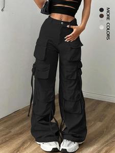 Women's Plain Pocket Cargo Pants, Casual Streetwear Pants, Street Fashion Basic Casual Trousers for Daily Wear, Ladies Bottoms for All Seasons