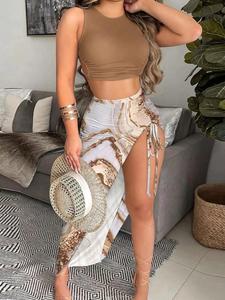 Women's Crop Top & Skirt Set, Boho Fashion Casual Top & Skirt for Beach Holiday Vacation, Ladies Summer Clothes