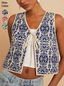 Women's Ethnic Pattern Tie Front Vest, Boho Sleeveless Outerwear for Beach Vacation Holiday, Ladies Clothes for All Seasons