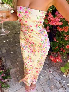 Women's Floral Print Tube Backless Wedding Dress, Elegant Bohemian Sleeveless Long Dress for Party Holiday Wedding Guest, Ladies Summer Clothes, Womenswear, Elegant Strapless Formal Dress