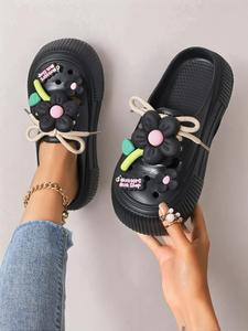 Women's Fashionable Flower Decorated Slides, Casual Soft Slippers, Black Unique Sandals, Elegant Sandal, Casual Comfortable Non-slip Sandals for Outdoor Beach, Lightweight Breathable Walking Shoes for Daily Wear, Footwear