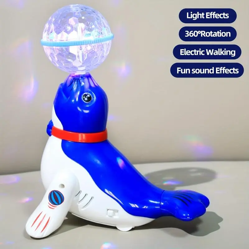 360° Rotating Sea Lion Top Toy with Flashing Lights & Music – Cute Cartoon Animal Puzzle for Youngsters, Blue & Red Whimsical Design, Perfect Gift for Valentine’s Day, Christmas, Thanksgiving, Easter (Batteries Not Included) 5