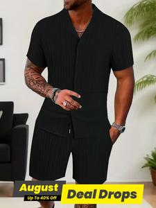 Men's Solid Short Sleeve Top & Shorts Set, Regular Fit Formal Shortsleeve Top & Shorts, Men's Summer Clothes, Sets for Men Clothing, Menswear, Suits, Plain Summer Outfit Set, Casual Matching Set
