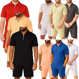 Mens Half Zip Short Sets Polo Shirt Shorts 2-Piece Summer Stretch Outfit Co-ord Set Loungewear Elasticated Shorts Gym Fitness
