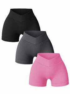 Women's Solid Ribbed High Waist Sports Gym Shorts, Breathable Comfortable High Stretch Seamless Yoga Shorts, Ladies Sportswear for Indoor Outdoor Wear