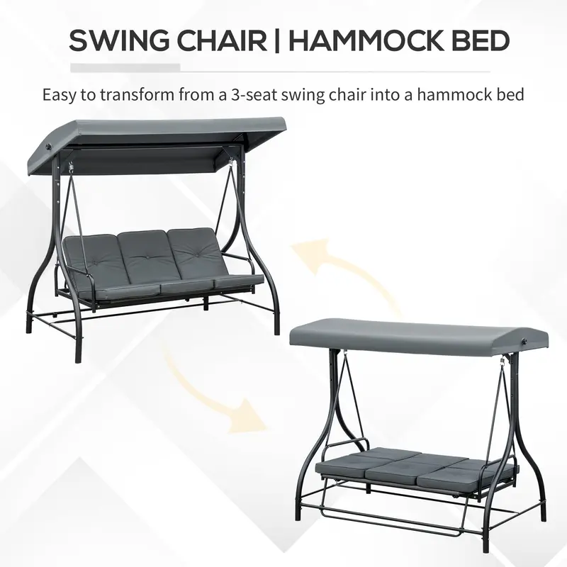 3 Seater Canopy Swing Chair, 2 in 1 Garden Swing Seat Bed, with Adjustable Canopy and Metal Frame, Dark Grey 5
