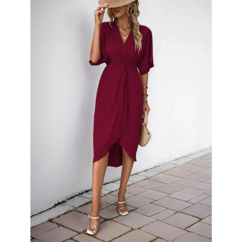 Women's Plain Twist Ruched Half Sleeve Dress, Elegant V Neck Knee Length Dress for Party Holiday Wedding Guest, Ladies Spring Clothes 2