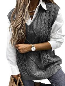 Women's Solid Textured Vneck Sweater Vest, Casual Preppy Cable Knit Pullover for Fall & Winter, Elegant Sleeveless Sweaters for Women, Women's Knitwear for Daily Wear, Lady Tops, Comfort Basic Minimalist Womenswear
