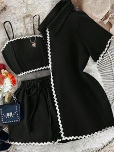 Three-Piece Set Women's Contrast Trim Crop Top & Short Sleeve Top & Shorts, Casual Fashion Outfits for Daily Wear, Ladies Summer Clothes, Matching Clothing Set