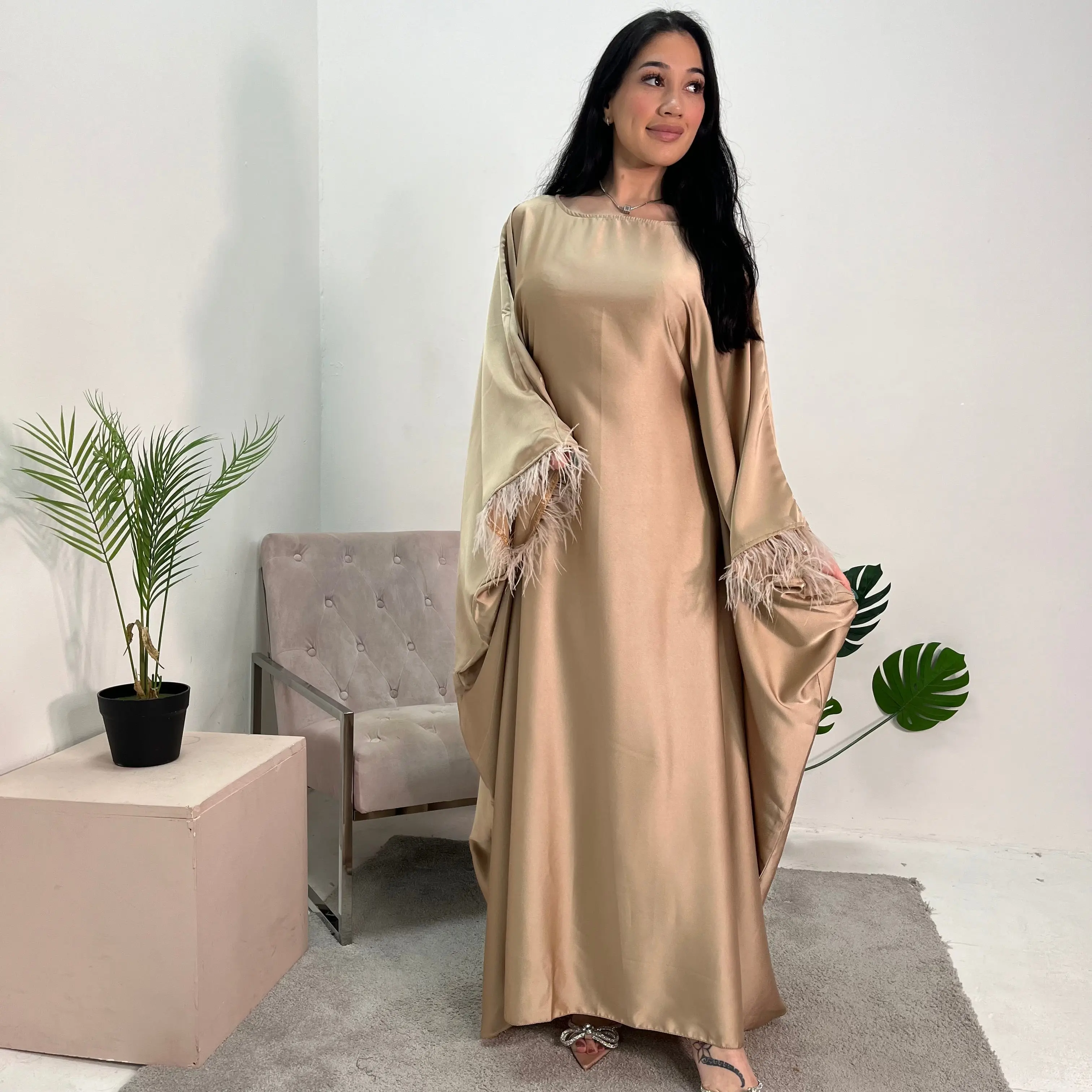 Haniya Bronze Fur Trim Kaftan Dress