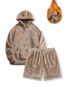 Men's Solid Long Sleeve Pocket Hoodie & Drawstring Waist Pocket Shorts Fuzzy Set, Casual Hooded Sweatshirt & Shorts, Men's Fall & Winter Clothes