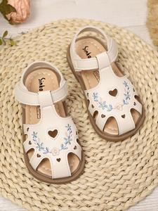 Girl's Floral Embroidery Velcro Sandals, Casual Comfortable Non-slip Sandals for Summer, Fashionable Shoes for Daily Wear