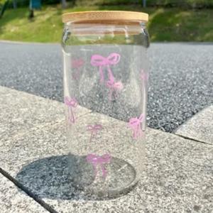 500ML/16.9oz Bow Pattern Glass Cup with Bamboo Lid & Straw, Creative Cute Glass Cup, Drinkware for Home Office Use, Gift for Friend, Drinking Glasses