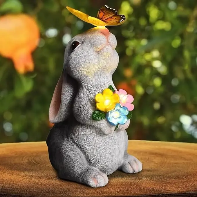 Solar Rabbit Garden Ornaments Outdoor, 7 LED Solar Color Lights Bunny Statue with Butterfly & Flowers, IP65 Waterproof Resin Animal Sculpture for Garden Home Yard Patio Decor