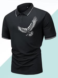 Men's Regular Fit Eagle Print Contrast Binding Polo Shirt, Summer Clothes, Casual Short Sleeve Button Front Collared Top for Summer, Men's Clothes for Outdoor Wear