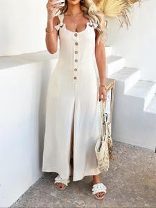 Women's Solid Color Jumpsuit, Casual Fashion Pastel Wide Leg Jumpsuit for Summer, Women's Clothes for Beach Holiday, Chic Casual Jumpsuit, Loose Jumpsuits, Plain Button Jumpsuit, Womenswear