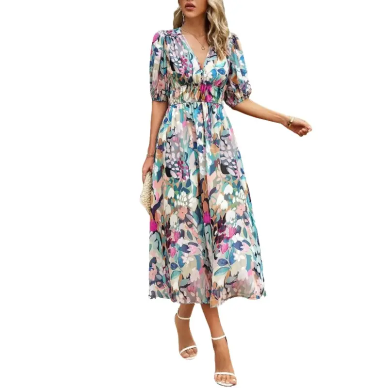 Women's Elegant Floral Print Midi Dress - Empire Waist Chiffon Summer Boho Sundress with Ruffle Details - Womenswear