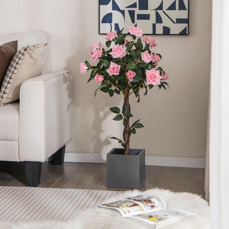 ERGOMASTER 90CM Artificial Flower Tree Faux Floral Plant W/Pine Roses Greenery Potted Plant 1