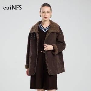 【euiNFS】Women’s Suede-Effect Shearling Jacket with Plush Collar — Warm Winter Layer, Deep Brown Relaxed Fit【E483004】