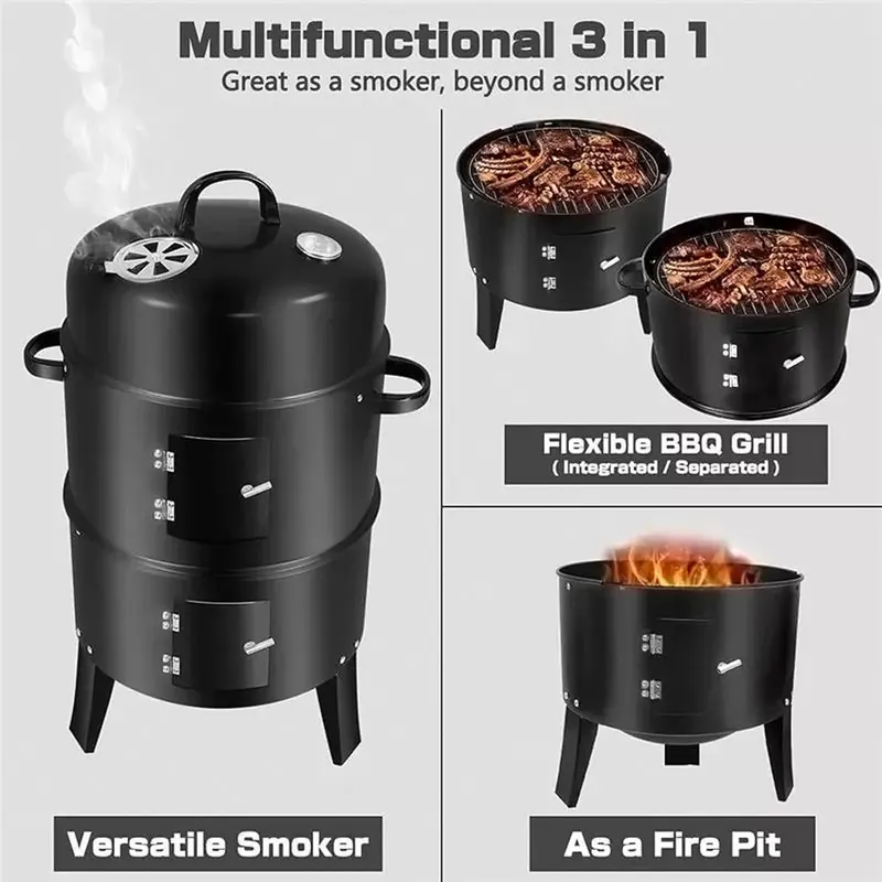 Warmiehomy Round Smoker BBQ Charcoal Barbecues with Temperature Gauge BBQ Charcoal Grill 2 Tier Outdoor for Party Camping, Black Black-1 6