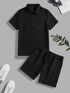 Men's Solid Ribbed Top & Shorts Set, Regular Fit Casual Short Sleeve Top & Track Shorts, Men's Summer Clothes for Daily Wear