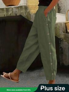 【Plus Size】Solid Button Decor Pocket Pants, Casual Comfy Trousers for Summer, Women's Bottoms for Daily Wear, Casual Fashion Loose Womenswear