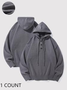 Men's Warm Drop Shoulder Button Front Hooded Ribbed Sweater, Regular Fit Casual Long Sleeve Jumper for Fall & Winter, Men's Knitwear for Daily Wear