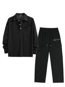 Men's Solid Button Front Shirt & Drawstring Waist Pants Corduroy Set, Loose Casual Comfy Long Sleeve Collared Top & Trousers Set for Spring & Fall, Men's Two-piece Outfits for Daily Wear