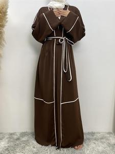 Arabic Clothing- Contrast Binding Belted Abaya, Casual Long Sleeve Open Front Abayas, Muslim Islamic Clothes