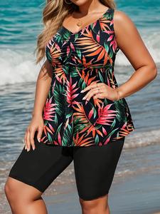 【Plus Size】 Leaf Print Tankini Set, Casual V Neck Sleeveless Swim Top & Swim Bottom, Women's Two-piece Swimsuit for Beach Holiday Vacation
