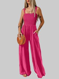 Women's Solid Shirred Straight Leg Jumpsuit, Casual Sleeveless Jumpsuit for Summer, Ladies Clothes for Daily Wear