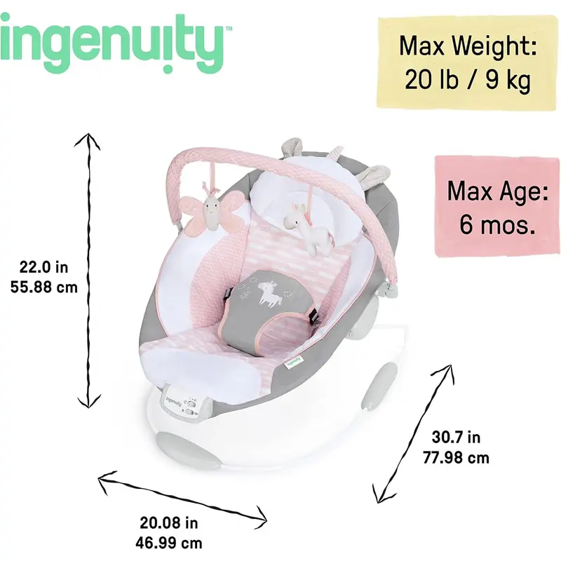 Ingenuity, Cradling Baby Bouncer Seat Flora the Unicorn, Ultra-Plush Padded Chair with Vibration and Melodies, Removable Toy Bar, Ages Newborn 2