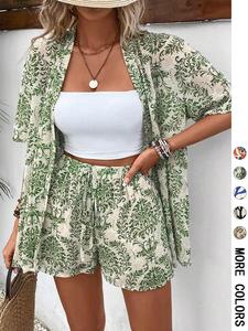 Women's Floral Print Open Front Top & Drawstring Waist Shorts Set, Boho Casual Two-Piece Outfits for Beach Vacation Holiday, Ladies Summer Clothes