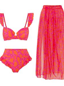 Three-piece Set Women's All Over Print Bikini Set, Ruffle Trim Swim Top & High Waist Swim Bottom & Split Thigh Cover Up Skirt Set, Three-piece Swimsuit for Beach Holiday Vacation, Bikinis Sets,  Swimsuit for Women