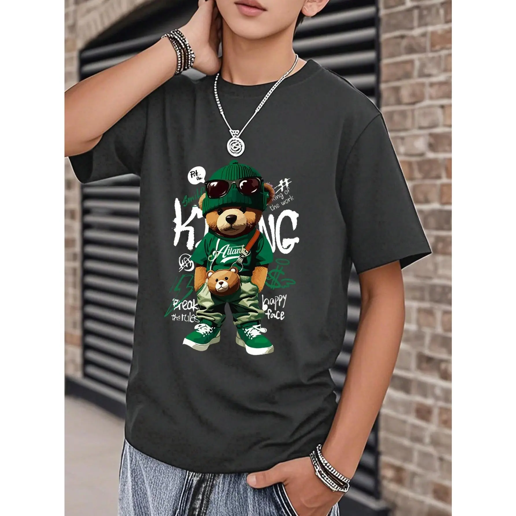 1pc Toddler Boys Bear Print Short Sleeve T-Shirt, Suitable For Older Boys Summer Top, T-Shirt For Young Boys
