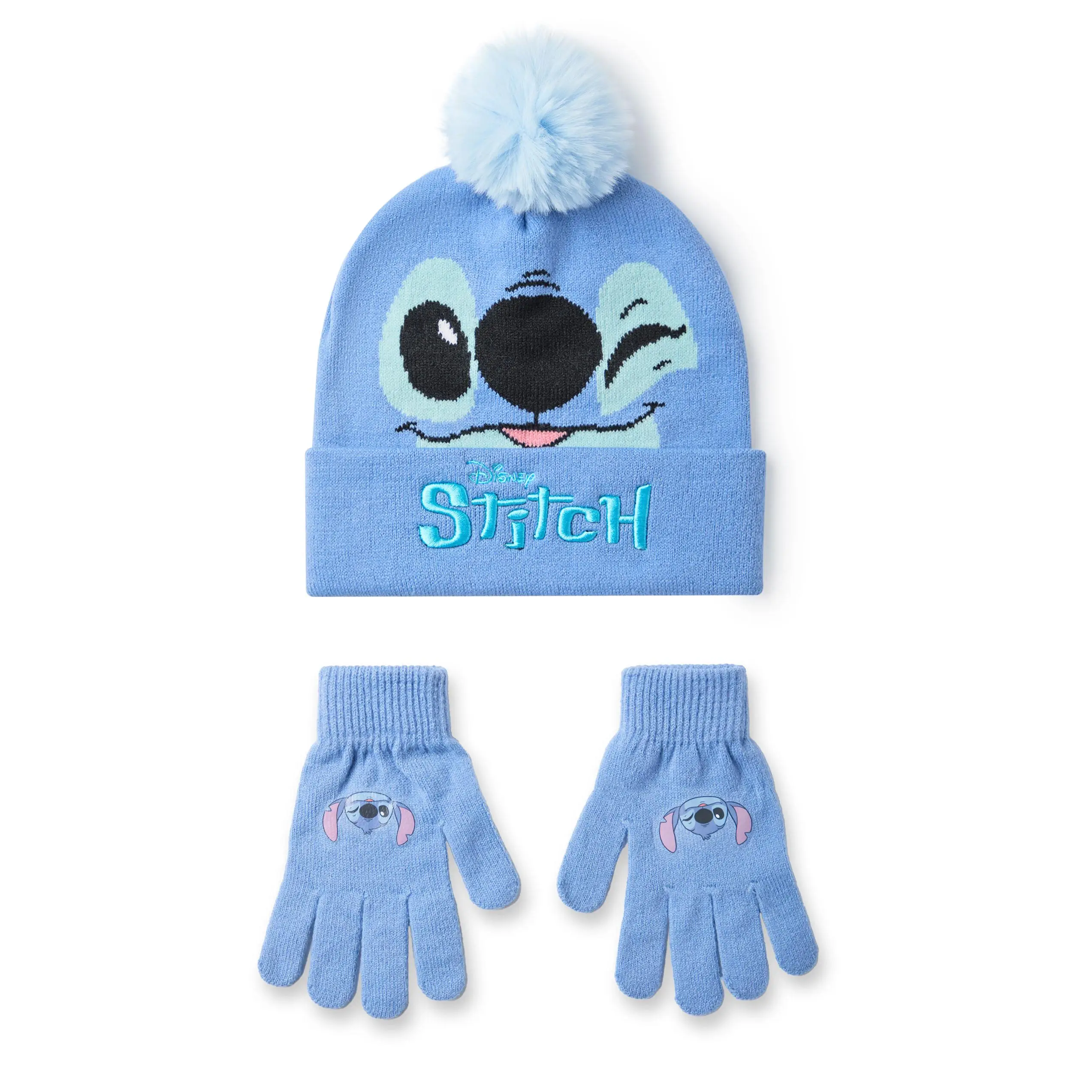 Vanilla Underground x Disney Girls Blue Stitch Character Face Beanie and Gloves Set (One Size)