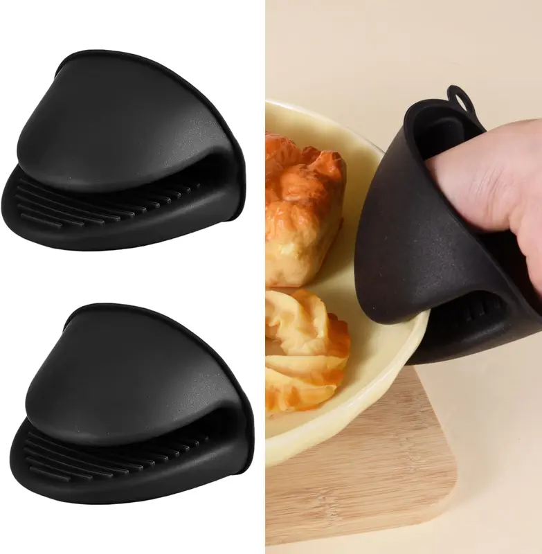 Mini Silicone Oven Mitts, 1 Pair Heat Resistant Oven Gloves, Cute Oven Pinch Grip Gloves, Small Potholders for Kitchen, Air Fryer Mitts Pair for Cooking, Baking and Grilling (Black) 5