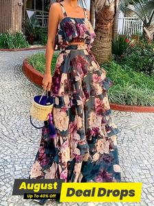 Women's Floral Print Crop Sleeveless Cami Top & Ruffle Hem Skirt Set, Casual Boho Top & High Waist Skirt for Beach Wedding Guest, Aesthetic Summer Clothes, Bohemian Womenswear, Two Piece Sets Women, Lady Casual Outfits, Multicolor Casual Formal Set